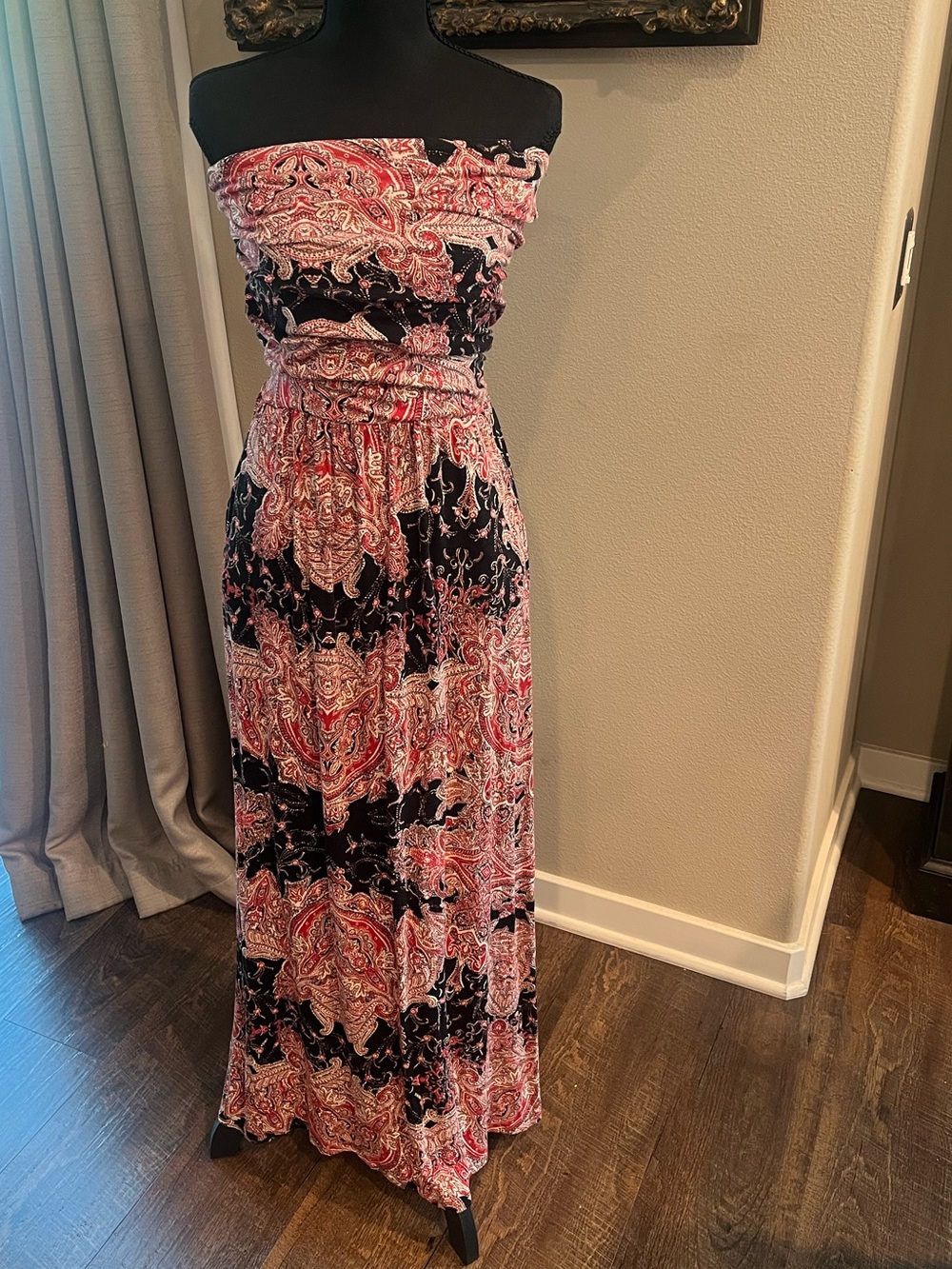Strapless Paisley Maxi Dress in Red and Black Vacation Resort Summer